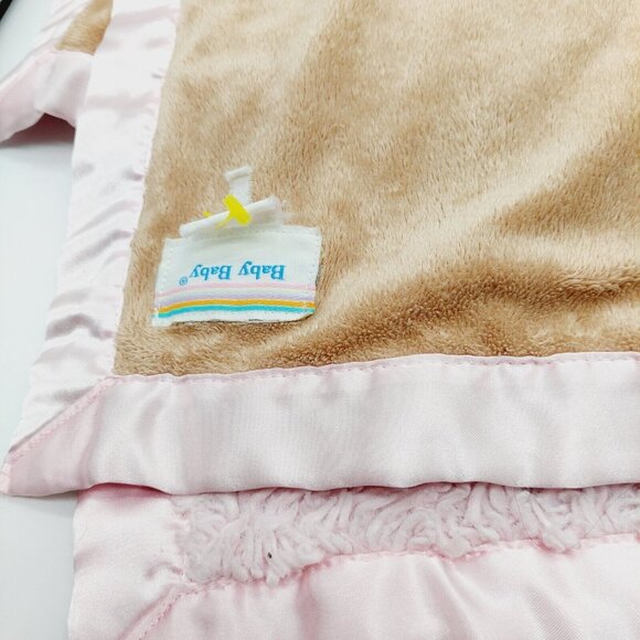 Baby Baby Blanket Satin Trim Pink & Brown Lovey 29x31 - Picture 8 of 9